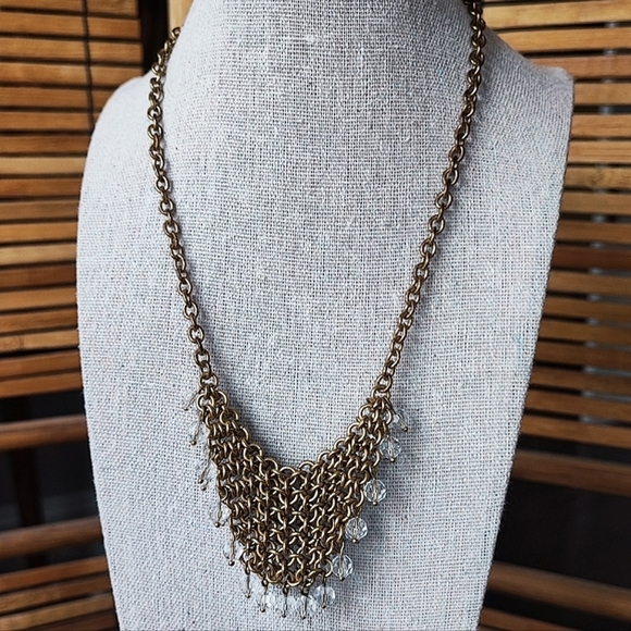 J. Crew Crystal Clear Faceted Beads Brass Tone Chainmaille Statement Necklace - Picture 4 of 12